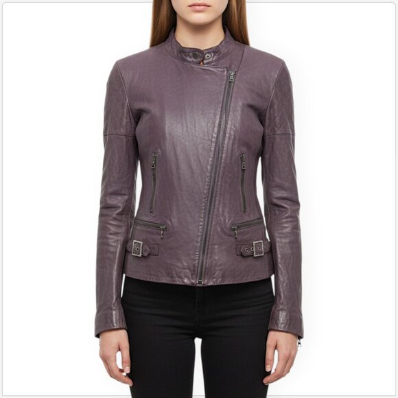 Resurrected 100% Leather Mauve Purple Gray Moto Jacket Rhinestone Trim Size L - Picture 1 of 8